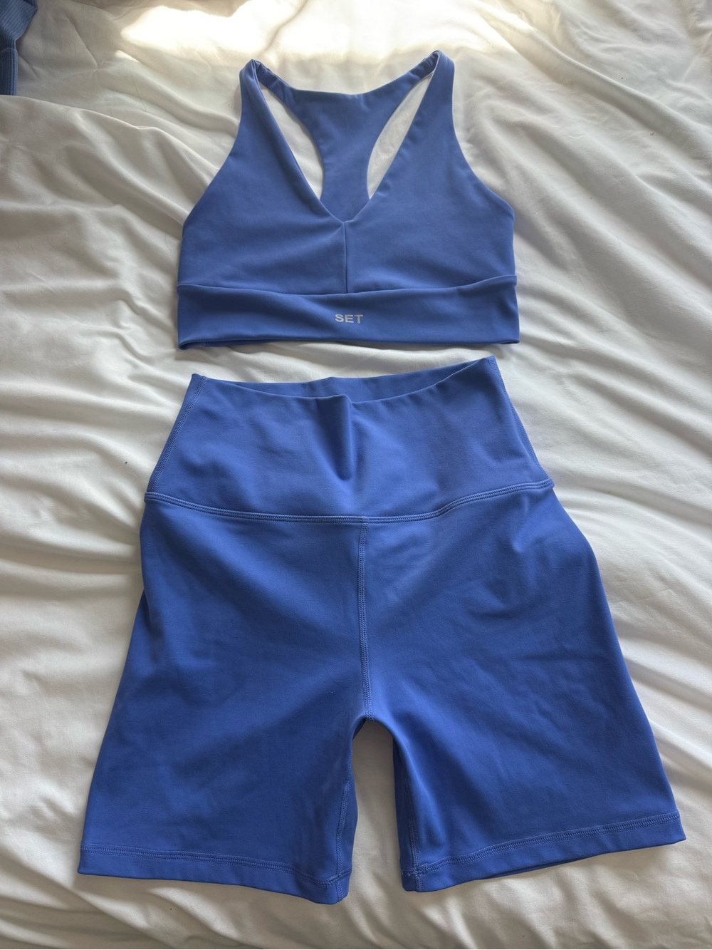 SET Active Blue Racerback Sports Bra and High-Waist Bike Shorts